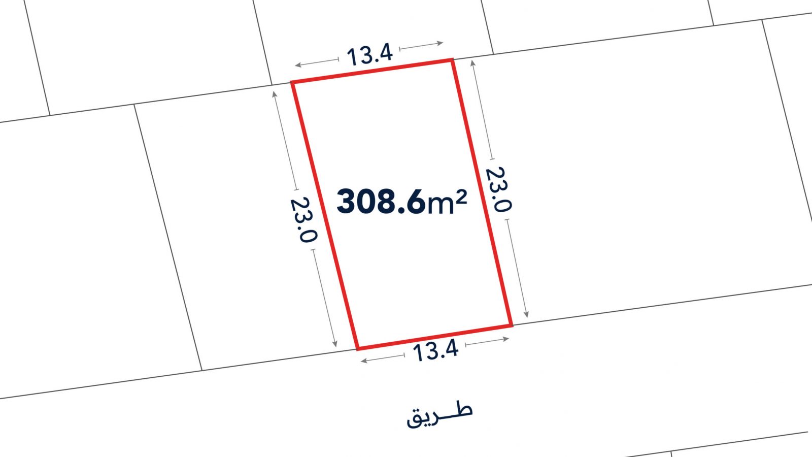 A rectangular plot measuring 13.4 by 23 meters, outlined in red, with an area of 308.6 square meters, labeled next to an Arabic word meaning "road.