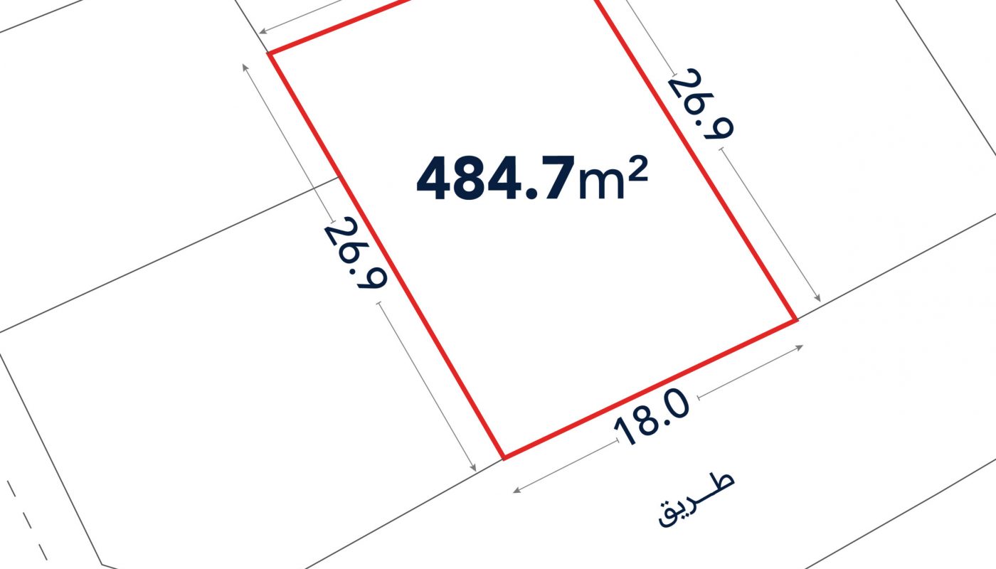 Rectangular plot outlined in red, labeled 484.7 m², with dimensions 18.0m by 26.9m, adjacent to a road and near an electric station (محطة كهرباء فرعية).