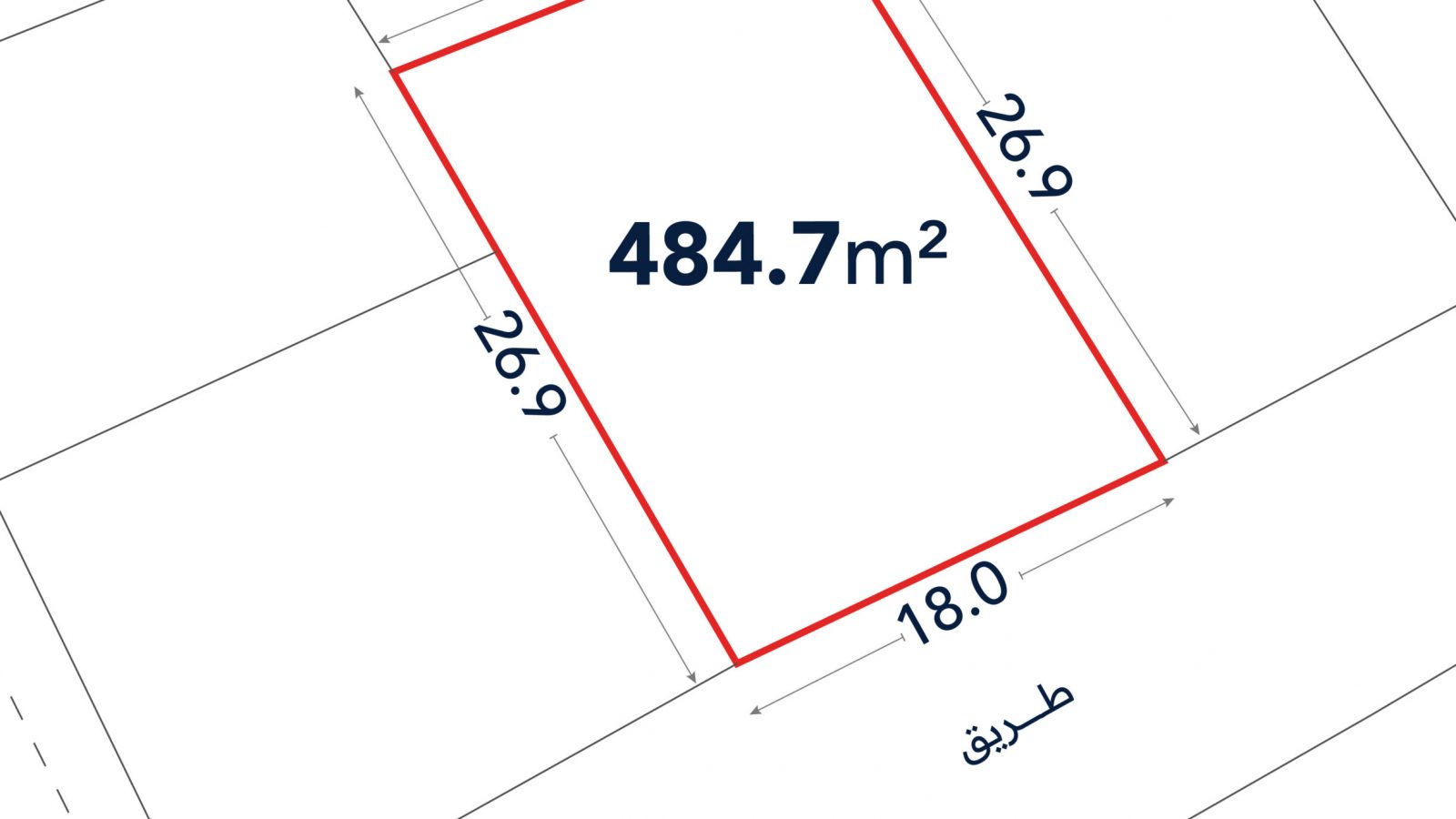 Rectangular plot outlined in red, labeled 484.7 m², with dimensions 18.0m by 26.9m, adjacent to a road and near an electric station (محطة كهرباء فرعية).