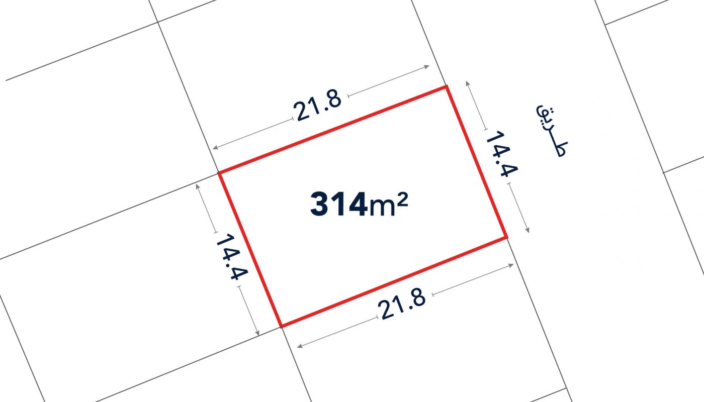A rectangular plot outlined in red measures 314 square meters, with sides labeled 21.8 meters and 14.4 meters, adjacent to a street labeled in Arabic.
