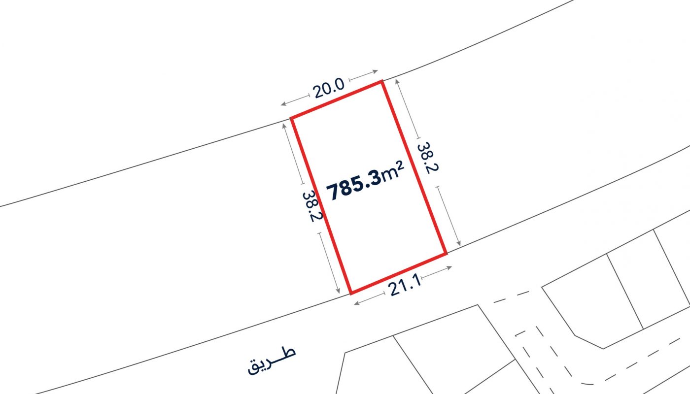 A plot of land outlined in red, labeled 785.3 m², with dimensions 20.0 m, 21.1 m, and 38.2 m, located between two labeled roads.