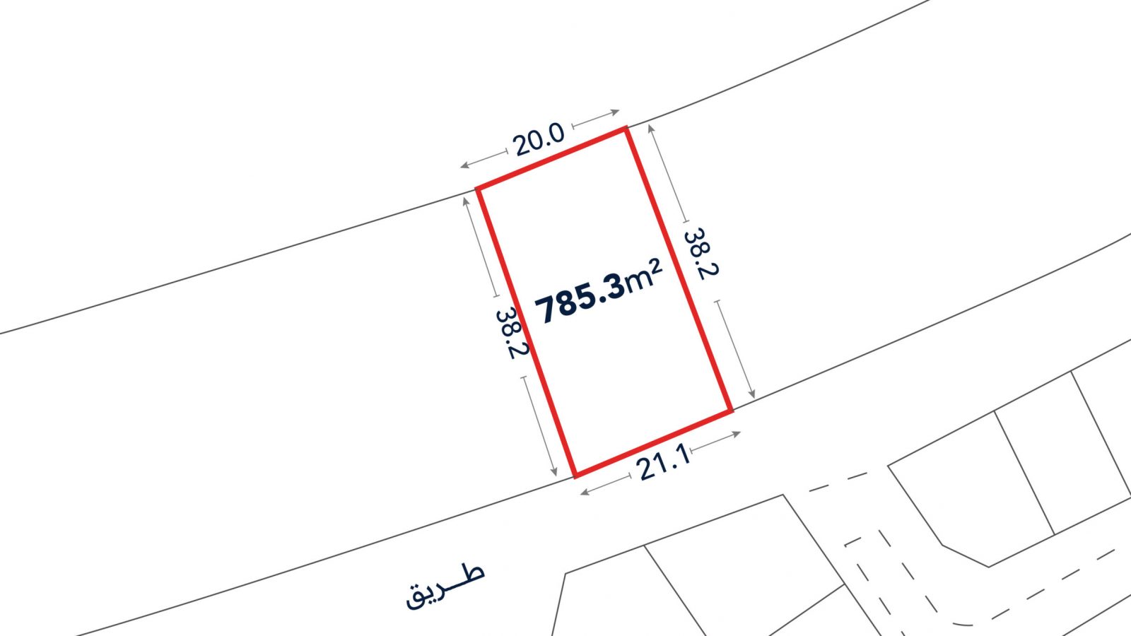A plot of land outlined in red, labeled 785.3 m², with dimensions 20.0 m, 21.1 m, and 38.2 m, located between two labeled roads.