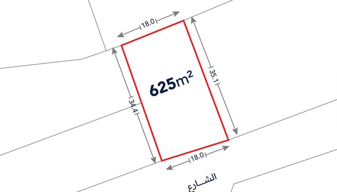 A rectangular plot outlined in red measures 625 square meters, with dimensions 18.0m by 35.1m, shown bordered by streets on a site plan.