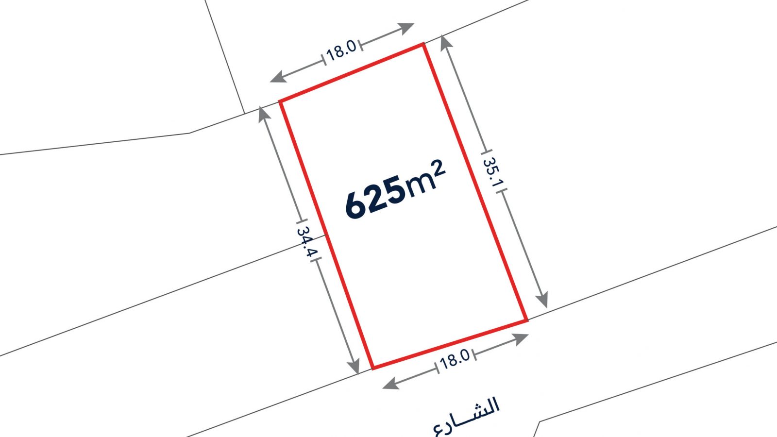 A rectangular plot outlined in red measures 625 square meters, with dimensions 18.0m by 35.1m, shown bordered by streets on a site plan.