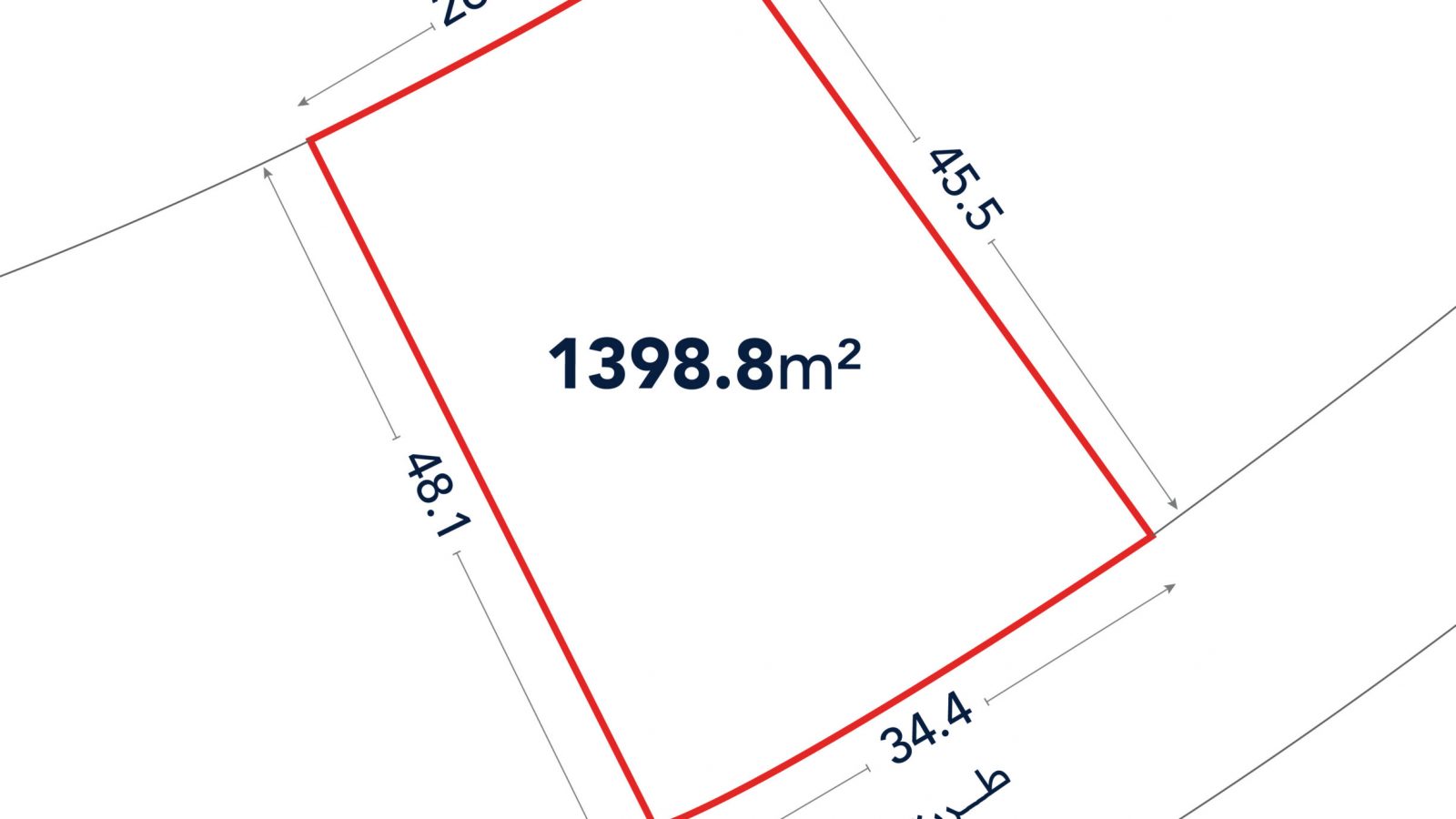 Diagram of a land plot outlined in red, labeled 1398.8m², with side lengths of 26.9m, 45.5m, 34.4m, and 48.1m, and "طريق" (road) marked on one side.