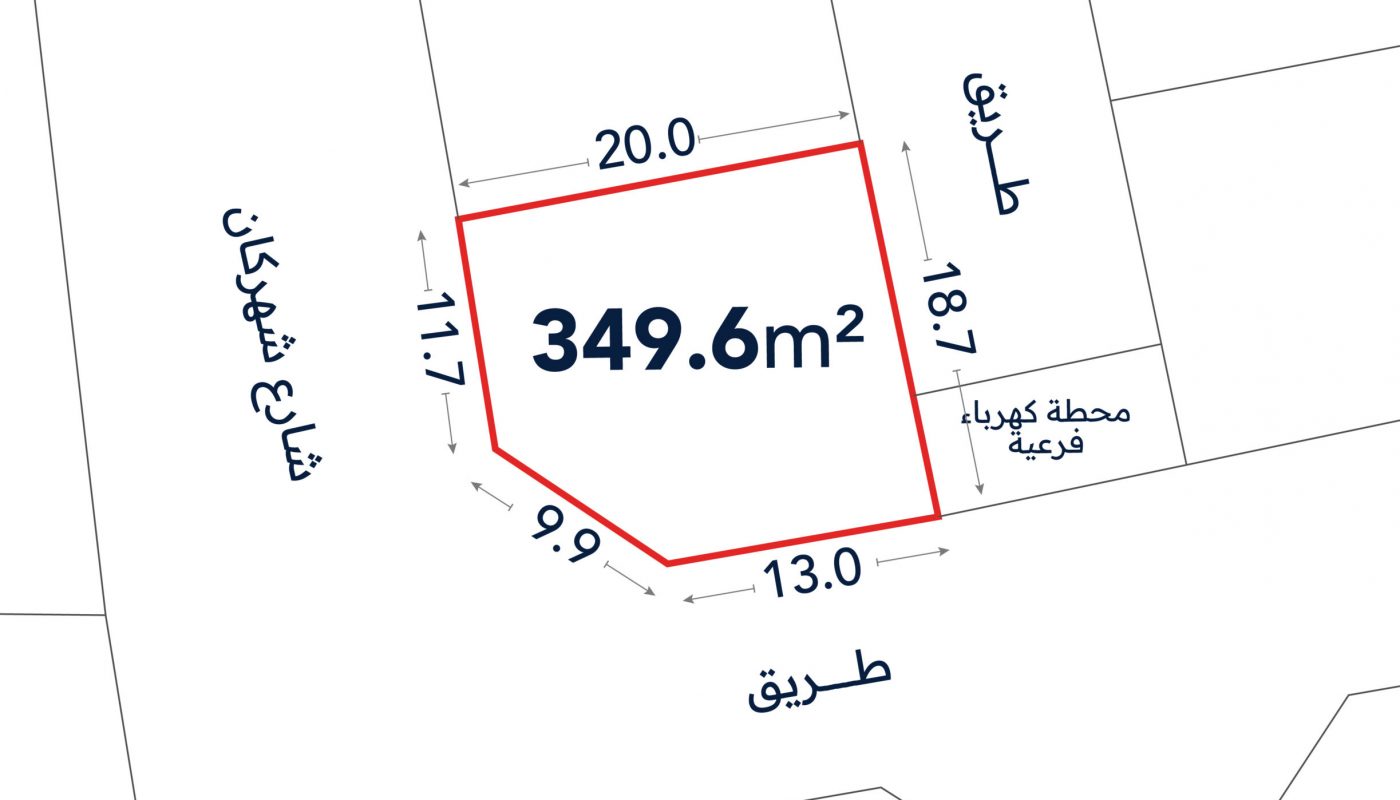 A plot of land outlined in red with an area of 349.6 m², showing surrounding street names and dimensions of each side in meters.