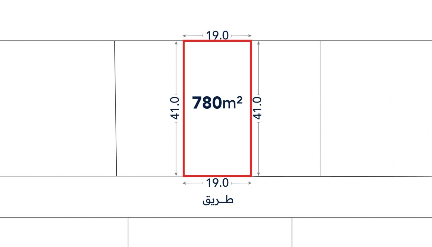 A rectangular plot outlined in red, measuring 19.0 meters by 41.0 meters, with a total area of 780 square meters, labeled with Arabic text at the bottom.