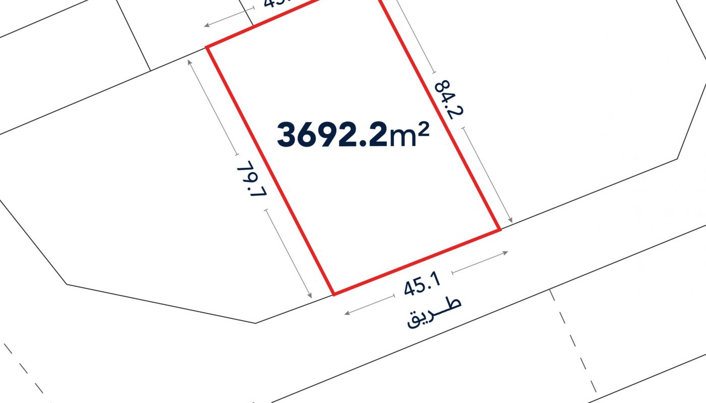 A plot of land outlined in red, labeled 3692.2 m², with side lengths 45.0 m, 84.2 m, 45.1 m, and 79.1 m; adjoining a street labeled in Arabic.
