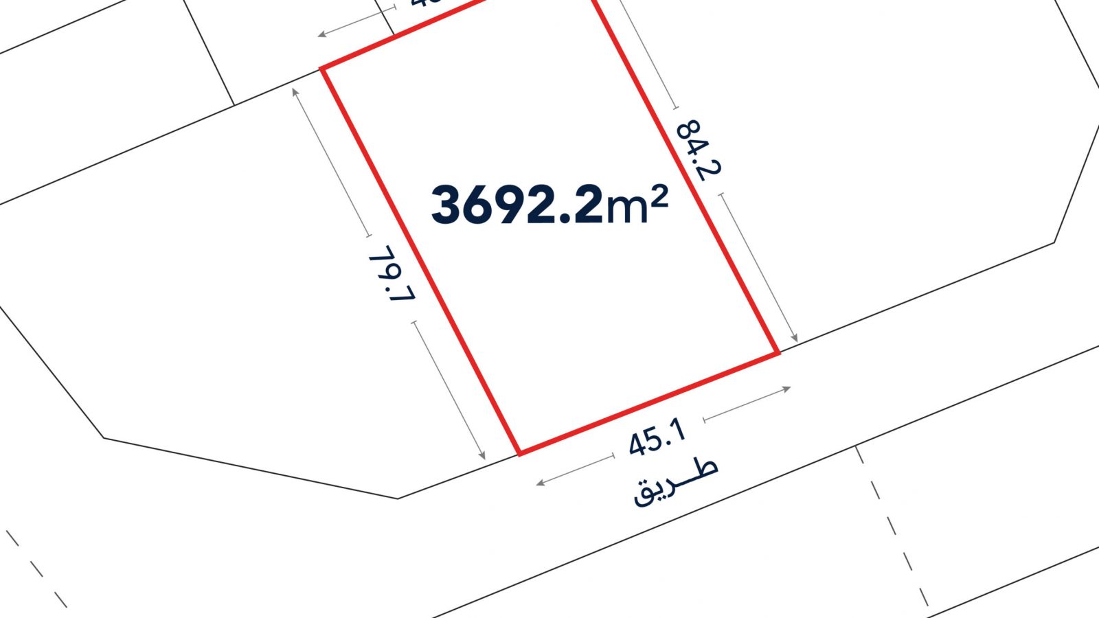 A plot of land outlined in red, labeled 3692.2 m², with side lengths 45.0 m, 84.2 m, 45.1 m, and 79.1 m; adjoining a street labeled in Arabic.