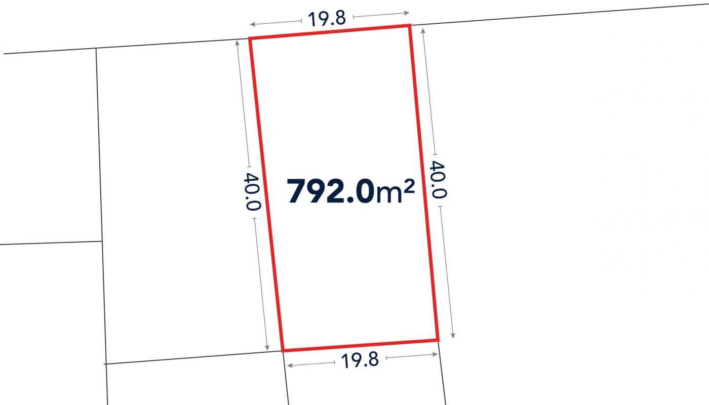 A rectangular plot outlined in red, labeled 792.0 m², with dimensions 19.8m by 40.0m, and a road labeled “طريق” at the top.