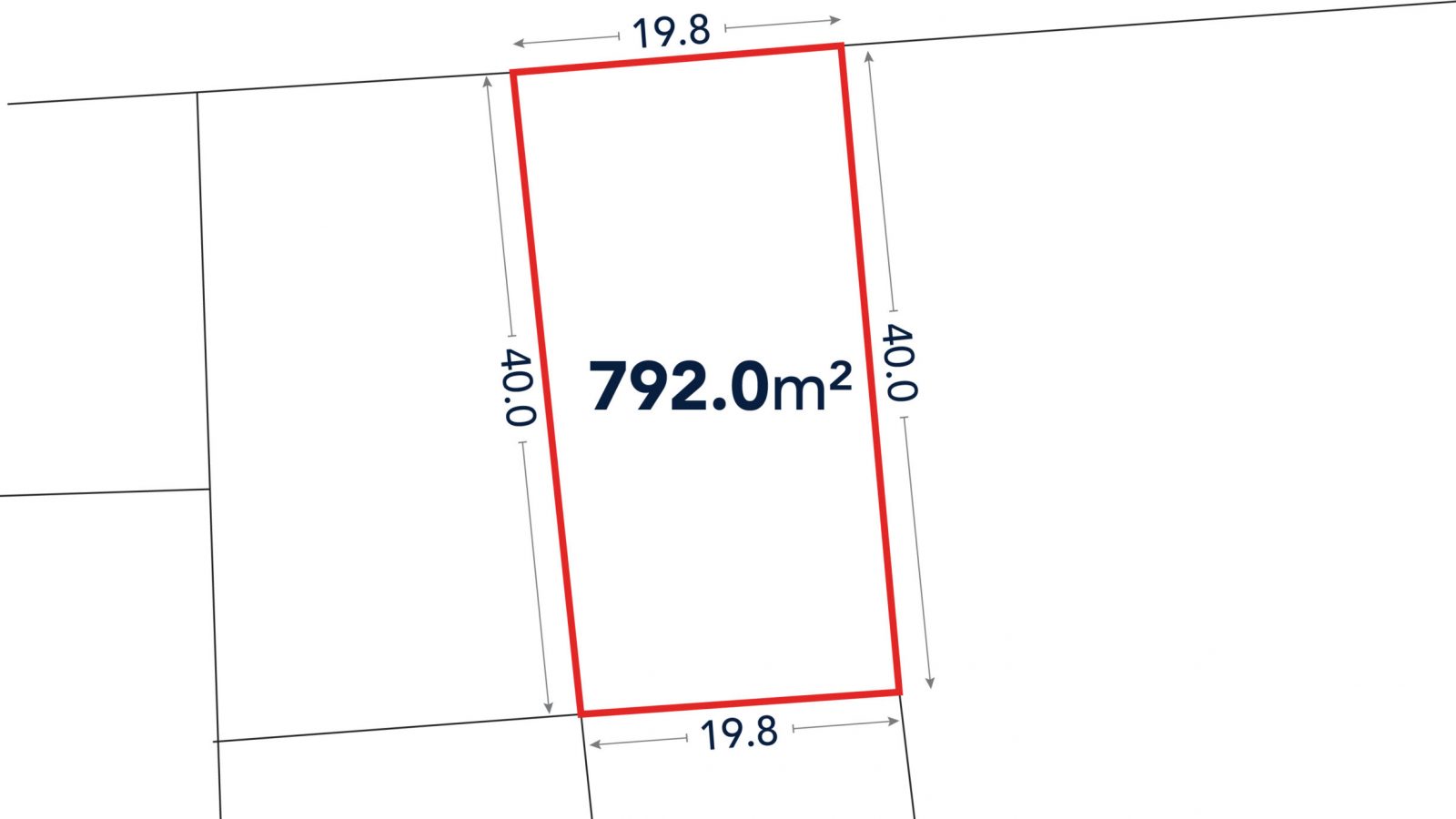 A rectangular plot outlined in red, labeled 792.0 m², with dimensions 19.8m by 40.0m, and a road labeled “طريق” at the top.
