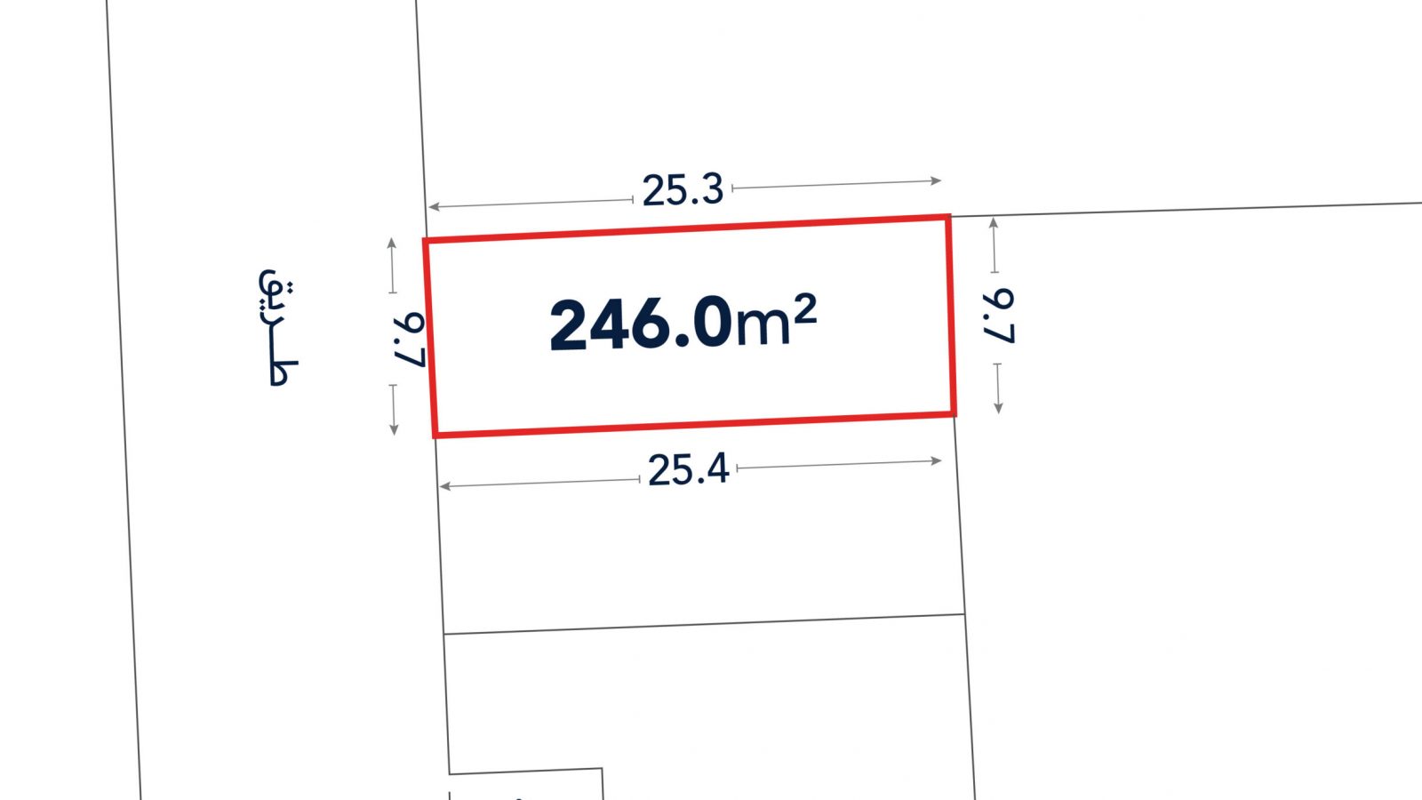A rectangular plot of land measuring 246.0 square meters, with sides labeled 25.3m, 25.4m, and 9.7m, outlined in red on a site map with Arabic text.