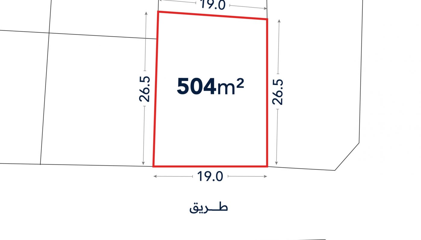 A plot outlined in red labeled 504 m² with sides marked 19.0 m and 26.5 m; the word “طريق” (road) appears below the plot.