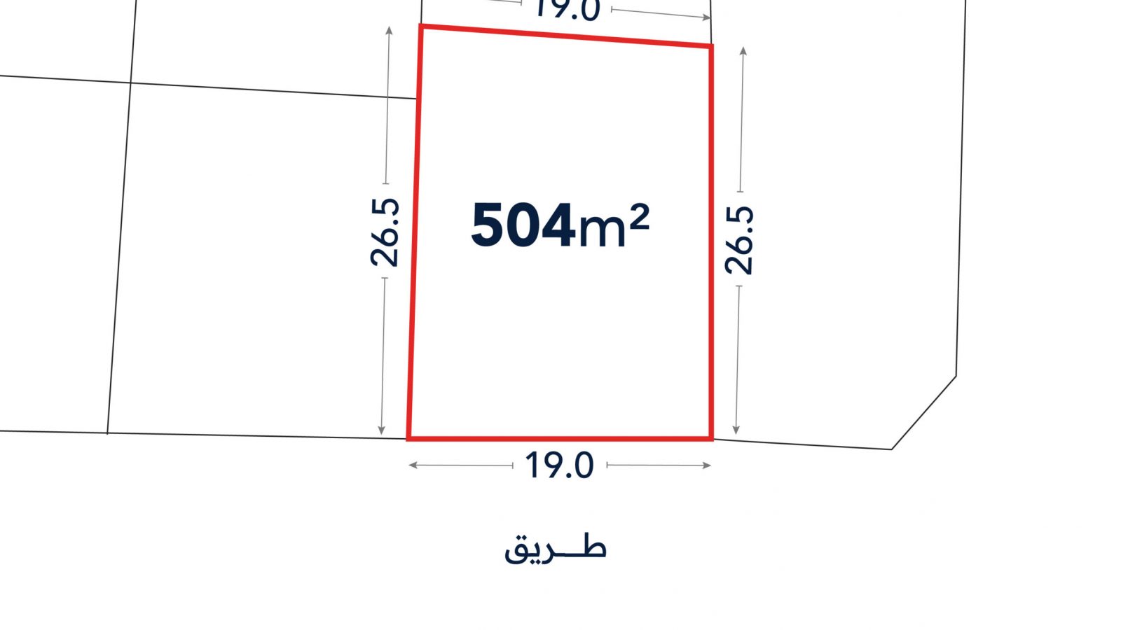 A plot outlined in red labeled 504 m² with sides marked 19.0 m and 26.5 m; the word “طريق” (road) appears below the plot.