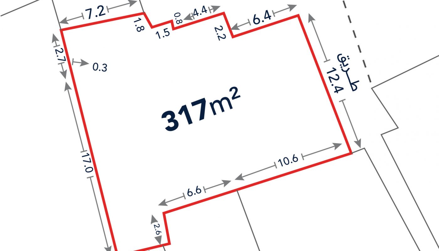 Diagram of an irregularly shaped land plot outlined in red, labeled 317 m², with various side lengths marked in meters along the perimeter.