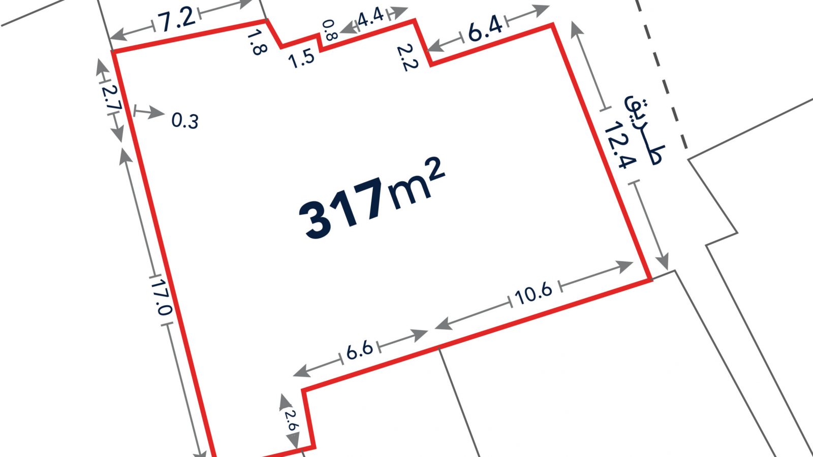 Diagram of an irregularly shaped land plot outlined in red, labeled 317 m², with various side lengths marked in meters along the perimeter.