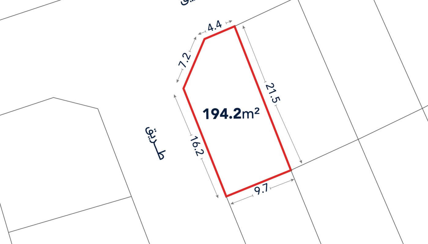 A plot of land outlined in red, labeled 194.2 m², with side lengths marked as 12.2 m, 4.4 m, 21.5 m, 9.7 m, and 16.2 m; adjacent to streets labeled in Arabic.
