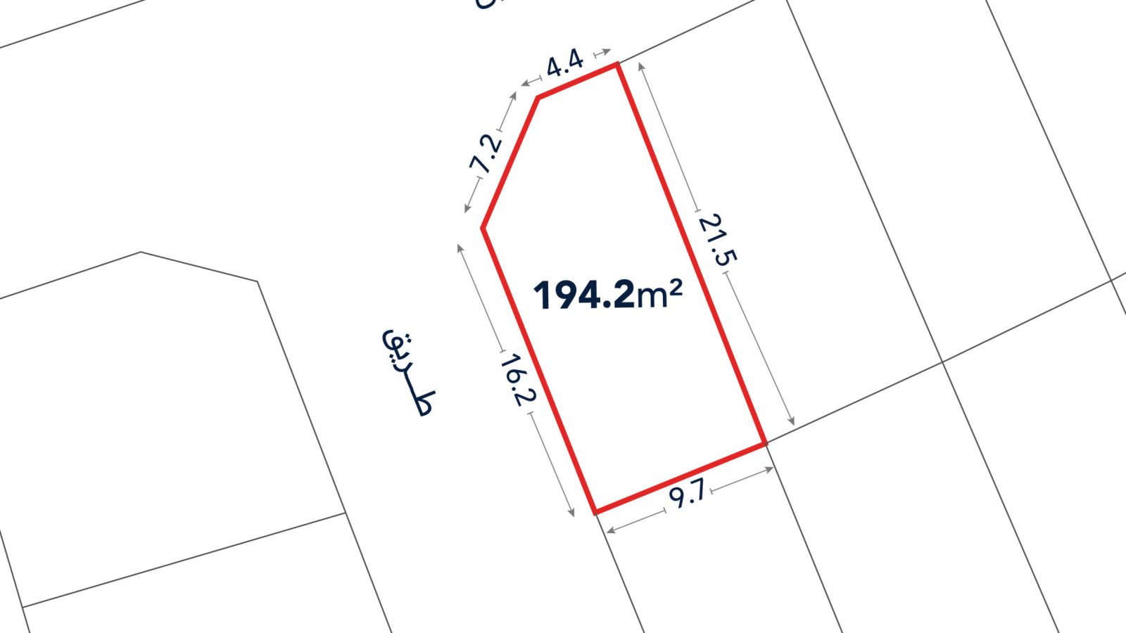 A plot of land outlined in red, labeled 194.2 m², with side lengths marked as 12.2 m, 4.4 m, 21.5 m, 9.7 m, and 16.2 m; adjacent to streets labeled in Arabic.