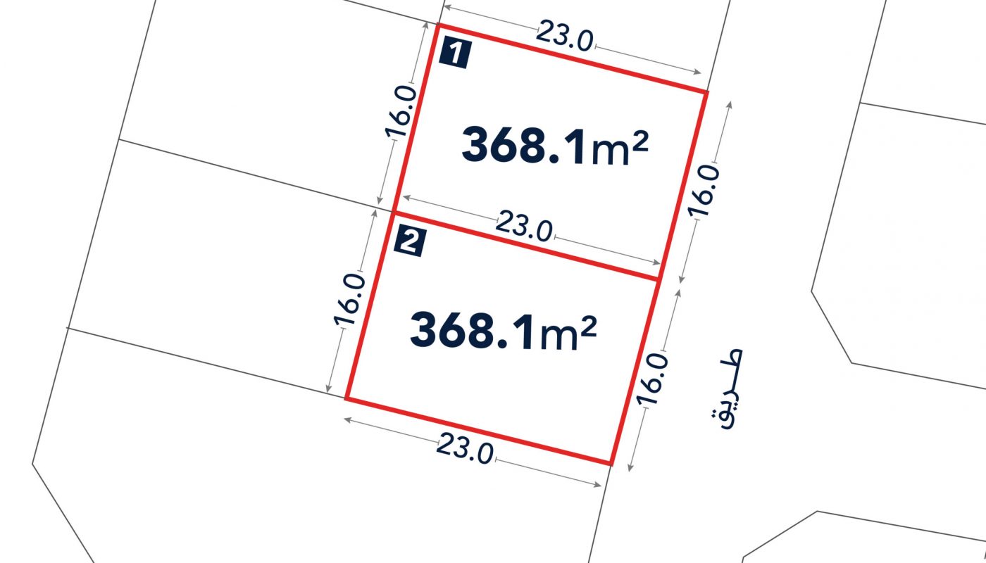 Site plan showing two adjacent rectangular plots, each 368.1 square meters, with dimensions 16.0m by 23.0m, labeled as 1 and 2. Arabic text indicates a nearby road.