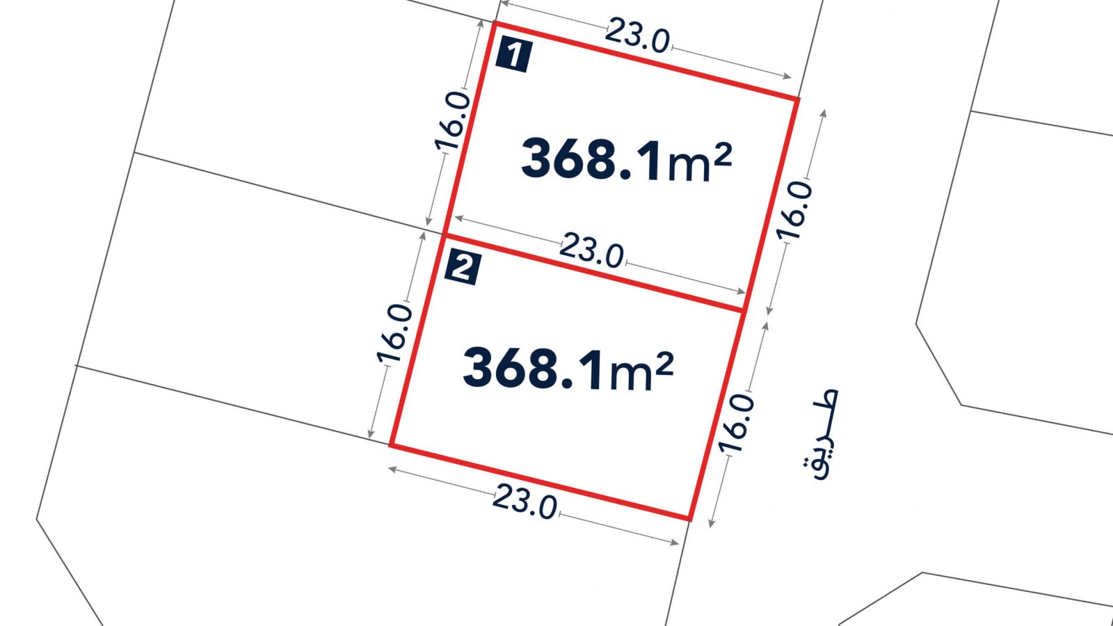 Site plan showing two adjacent rectangular plots, each 368.1 square meters, with dimensions 16.0m by 23.0m, labeled as 1 and 2. Arabic text indicates a nearby road.