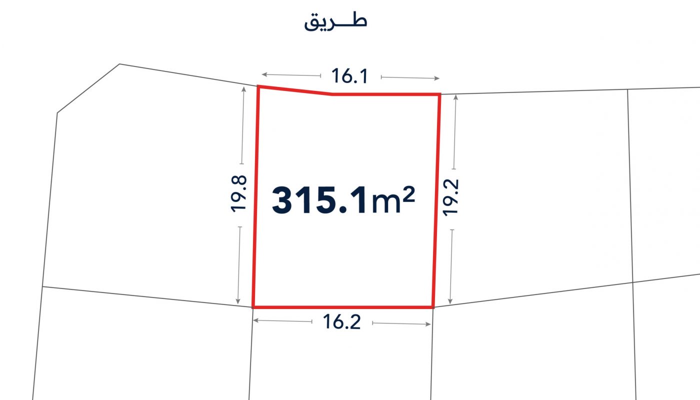 A plot outlined in red with dimensions 16.1m, 19.8m, 16.2m, and 19.2m, labeled 315.1m², shown on a sectioned map with Arabic text for "road" above.