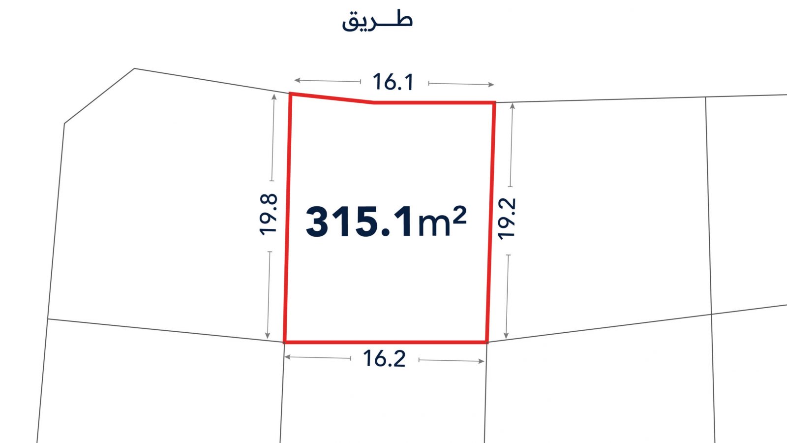 A plot outlined in red with dimensions 16.1m, 19.8m, 16.2m, and 19.2m, labeled 315.1m², shown on a sectioned map with Arabic text for "road" above.