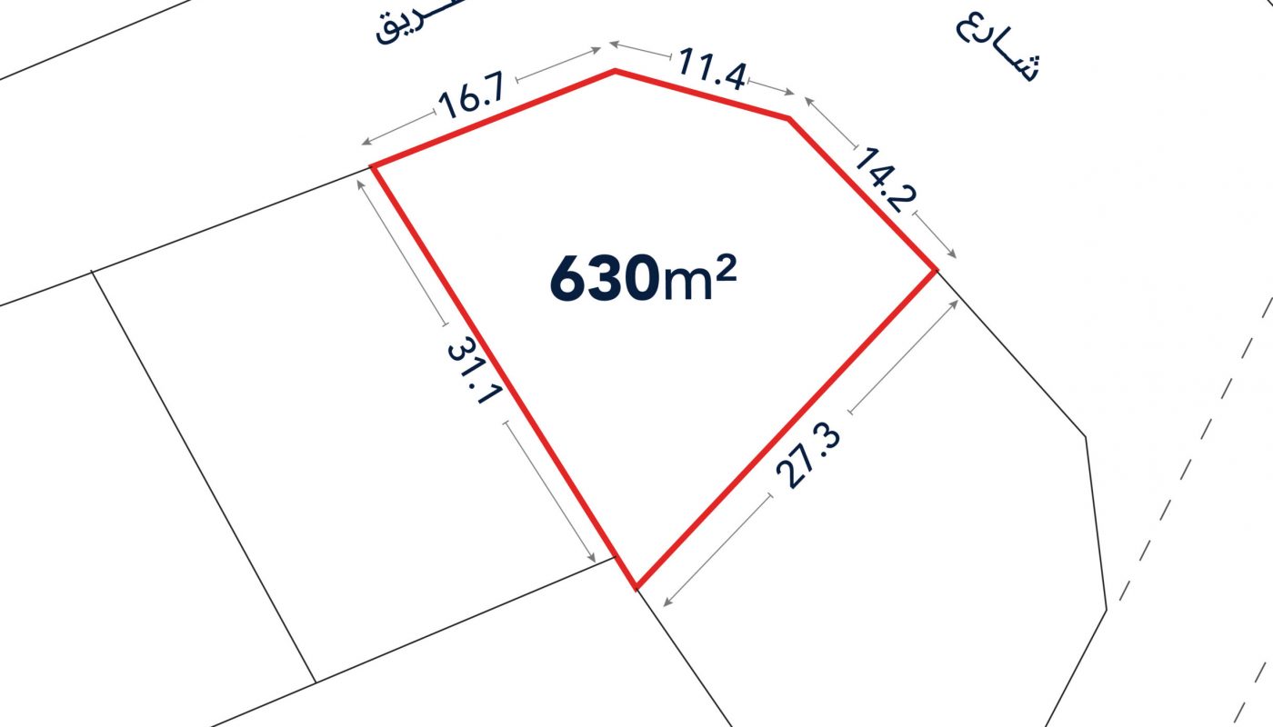 A plot of land outlined in red with labeled side lengths and a total area of 630 square meters, bordered by two streets.