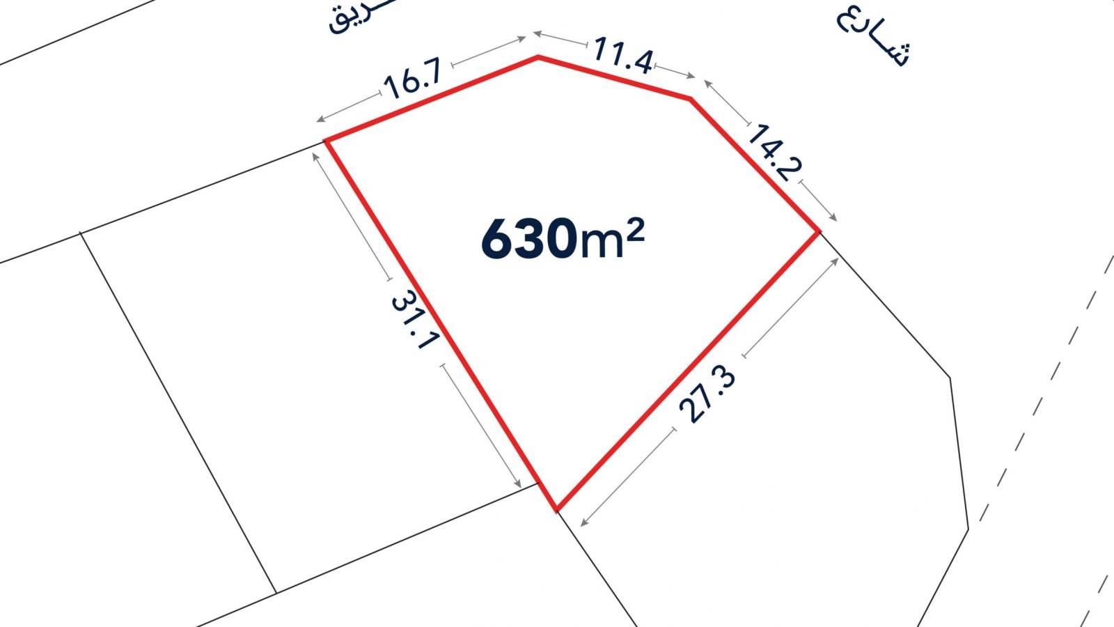 A plot of land outlined in red with labeled side lengths and a total area of 630 square meters, bordered by two streets.