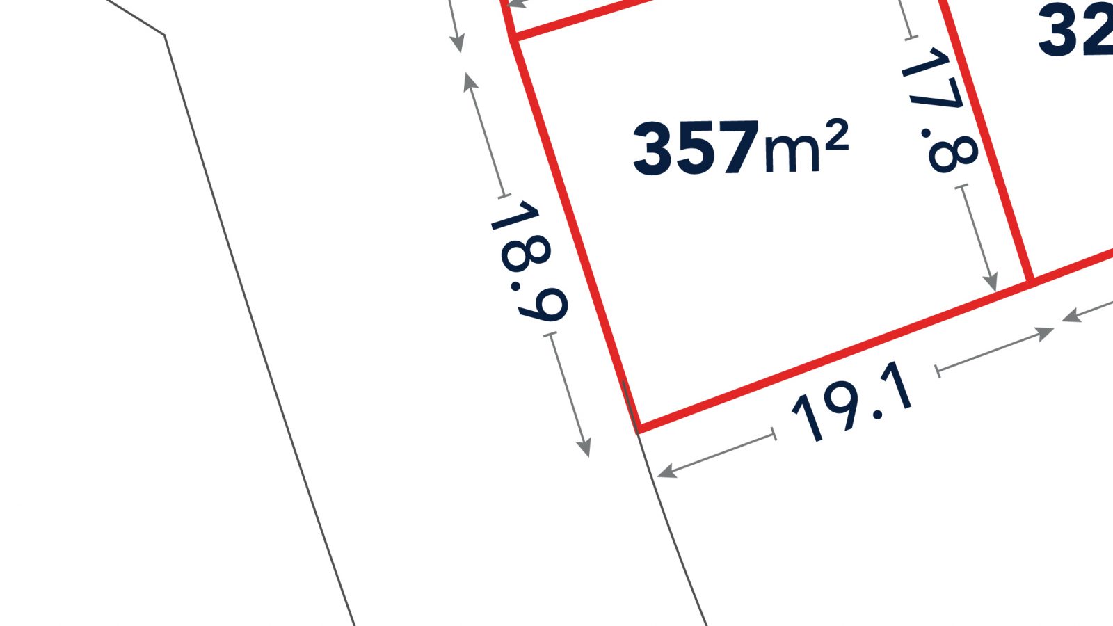 Diagram shows a rectangular plot labeled “357m²” with boundary lengths: 19.2m, 18.8m, 19.1m, and 18.9m, surrounded by other plots and measurements.