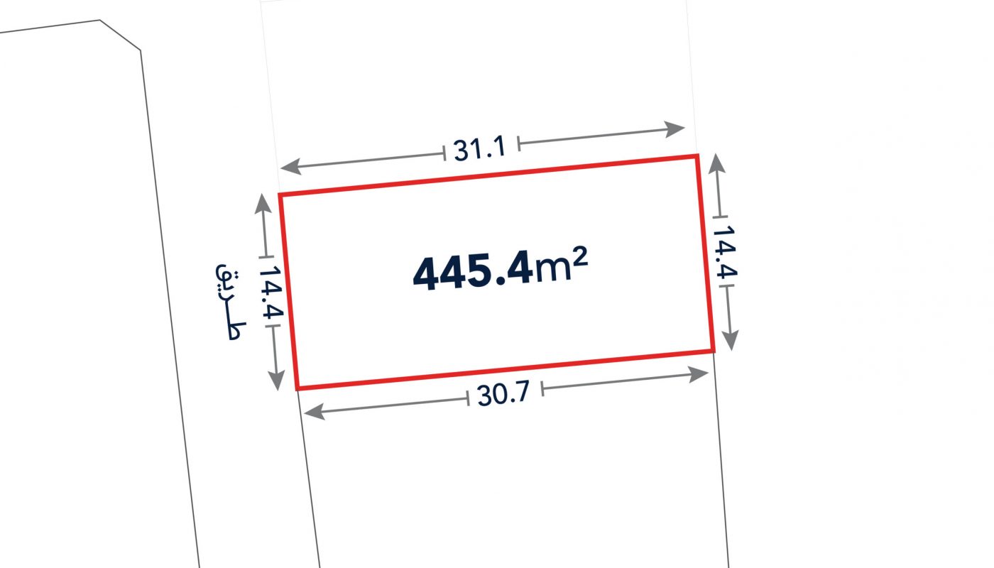 A rectangular plot outlined in red, labeled 445.4 square meters, with side lengths of 31.1m, 30.7m, and two sides of 14.4m; adjacent to a street on the left.