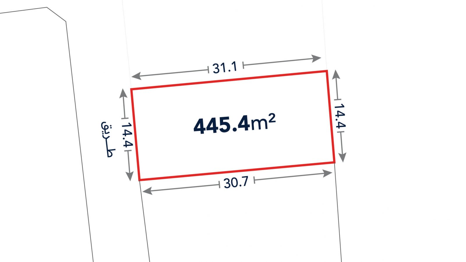 A rectangular plot outlined in red, labeled 445.4 square meters, with side lengths of 31.1m, 30.7m, and two sides of 14.4m; adjacent to a street on the left.