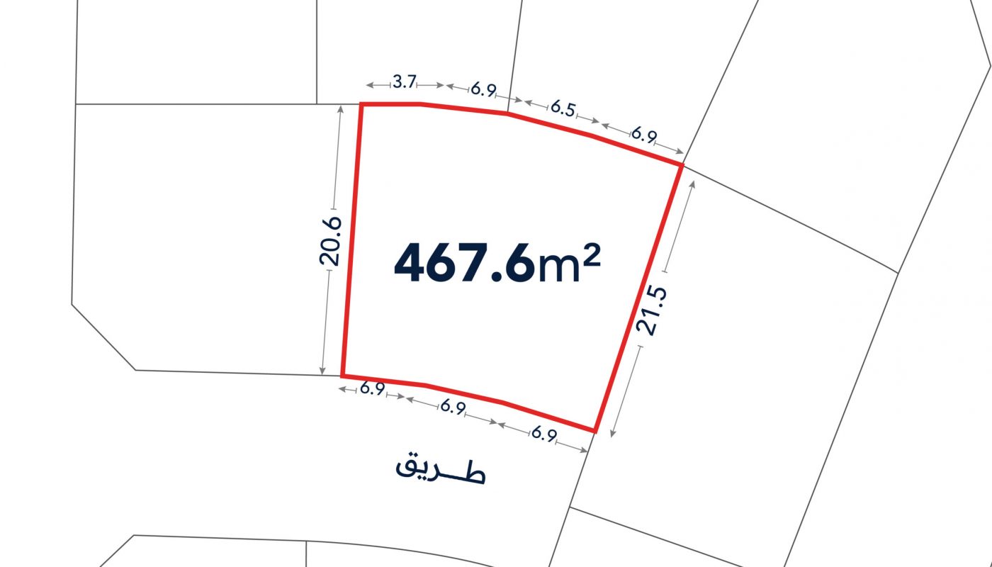 A plot of land measuring 467.6 square meters is outlined in red, with side lengths labeled in meters and adjacent roads and plots visible.