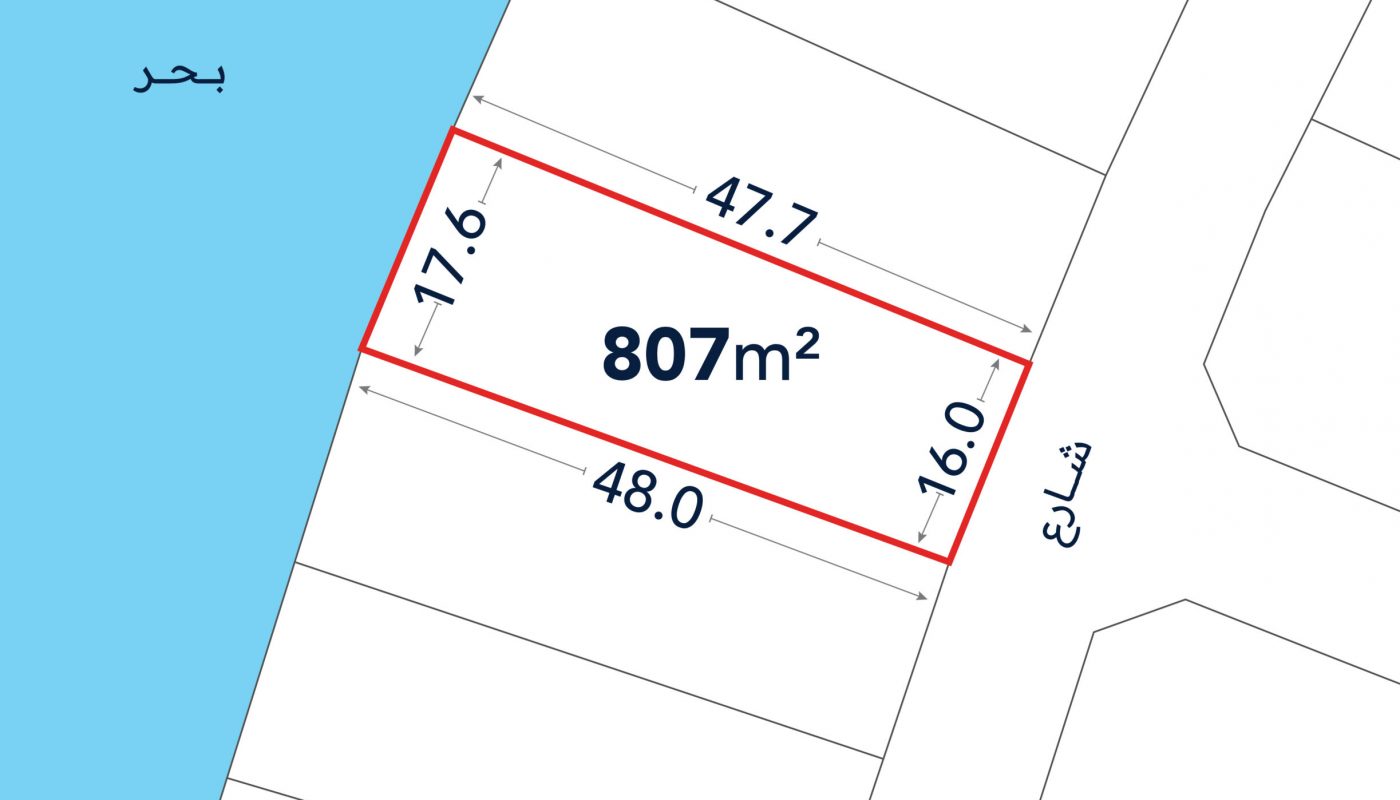 A rectangular plot of land measuring 807 square meters with labeled side lengths, bordered by a sea on one side and a street on the opposite.