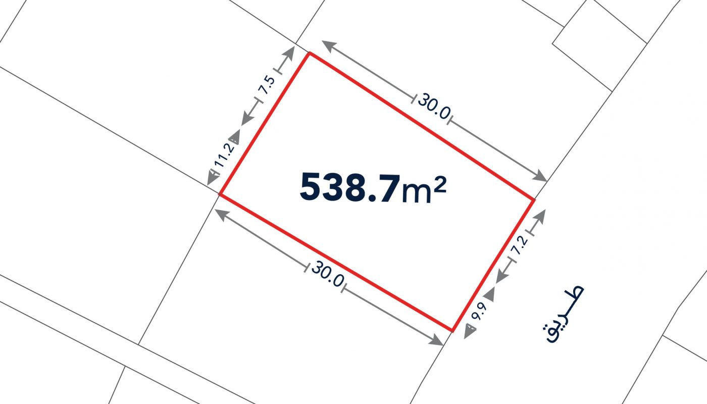 A rectangular land plot outlined in red, labeled 538.7 m², with side lengths of 30 m by 17.5 m, shown on a site map adjacent to a street.