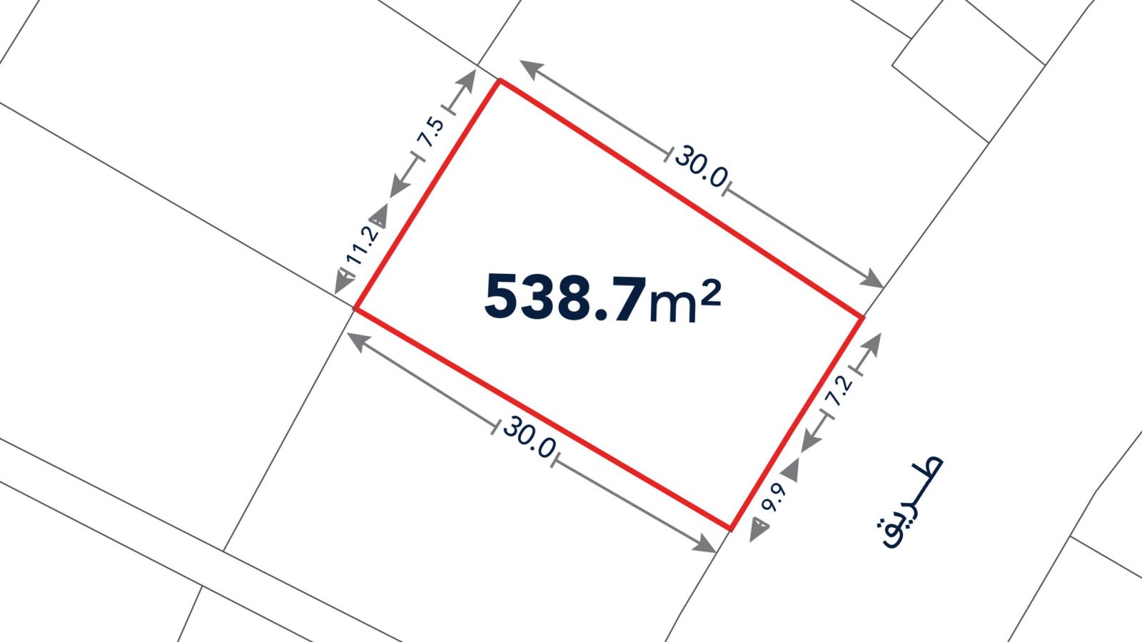 A rectangular land plot outlined in red, labeled 538.7 m², with side lengths of 30 m by 17.5 m, shown on a site map adjacent to a street.