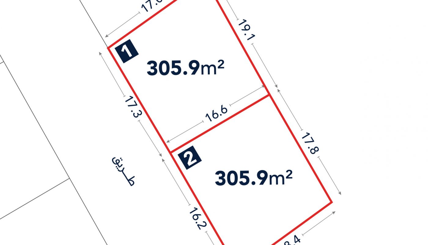 Diagram showing two adjacent rectangular plots, each labeled 305.9 m², with detailed side measurements in meters. Plot 1 measures 17 x 17.3 m, Plot 2 measures 19.1 x 17.8 m.