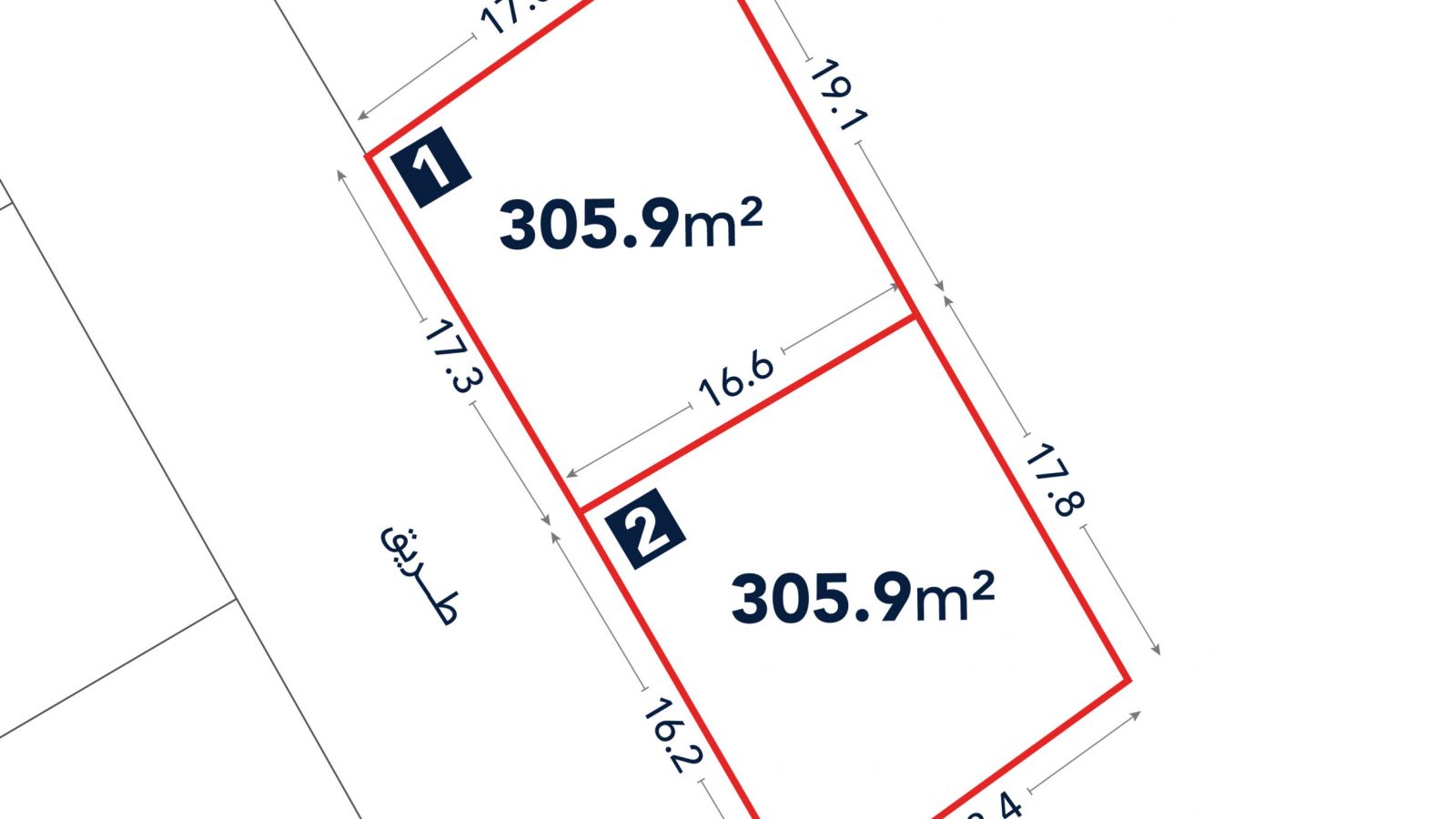 Diagram showing two adjacent rectangular plots, each labeled 305.9 m², with detailed side measurements in meters. Plot 1 measures 17 x 17.3 m, Plot 2 measures 19.1 x 17.8 m.