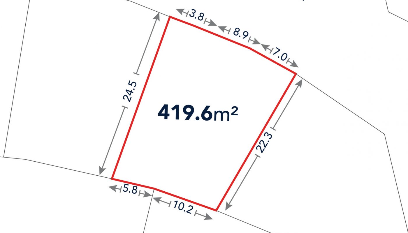 A plot outlined in red with a labeled area of 419.6 square meters, showing side lengths in meters and adjacent roads and plots.