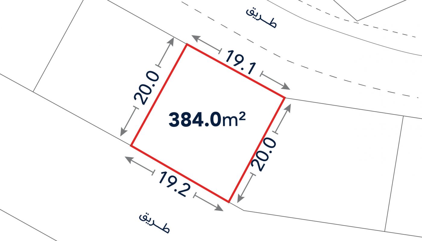 A plot diagram shows a rectangular area of 384.0 square meters, with sides labeled 20.0m, 19.1m, 20.0m, and 19.2m, bordered by streets.