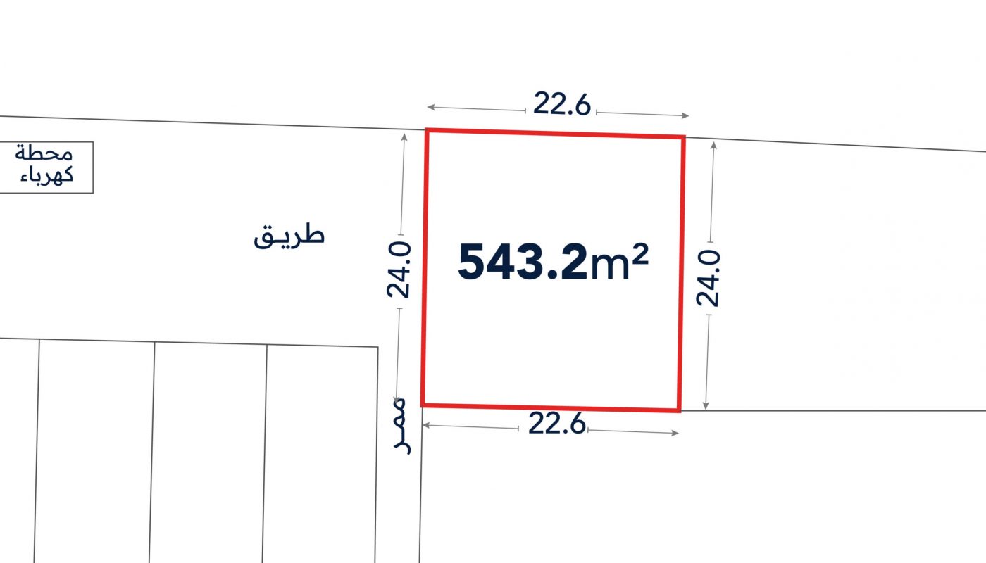 A plot of land outlined in red, labeled 543.2 m², with each side measuring 24.0 or 22.6 meters. Adjacent labels include "طريق", "ممر", and "محطة كهرباء".