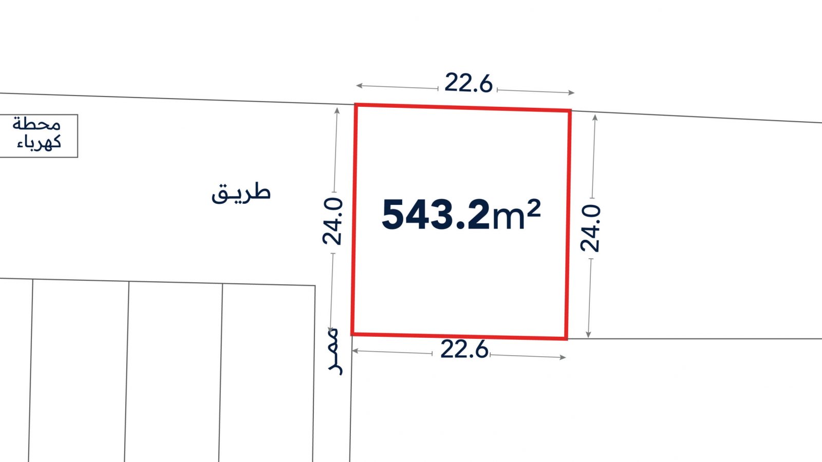 A plot of land outlined in red, labeled 543.2 m², with each side measuring 24.0 or 22.6 meters. Adjacent labels include "طريق", "ممر", and "محطة كهرباء".