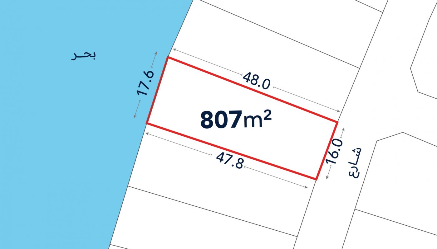 A rectangular 807m² land plot bordered by water on one side and a street on the other, with dimensions labeled 48.0m, 47.8m, 17.6m, and 16.0m.