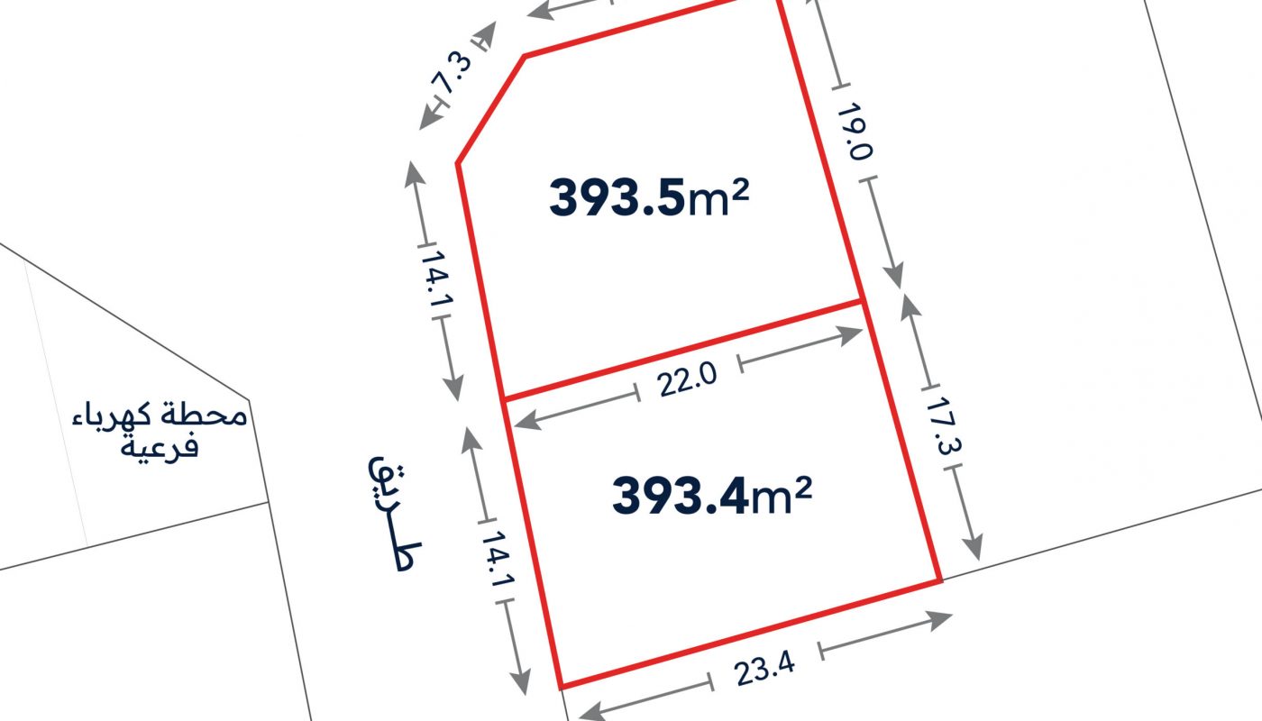 A plot map shows two adjacent land parcels, each outlined in red and labeled 393.5 m² and 393.4 m², with dimensions marked on all sides in meters. Arabic text labels nearby roads.