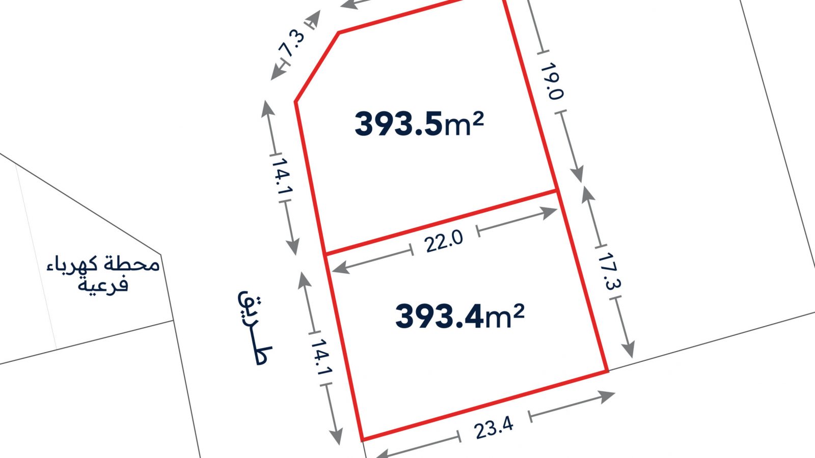 A plot map shows two adjacent land parcels, each outlined in red and labeled 393.5 m² and 393.4 m², with dimensions marked on all sides in meters. Arabic text labels nearby roads.