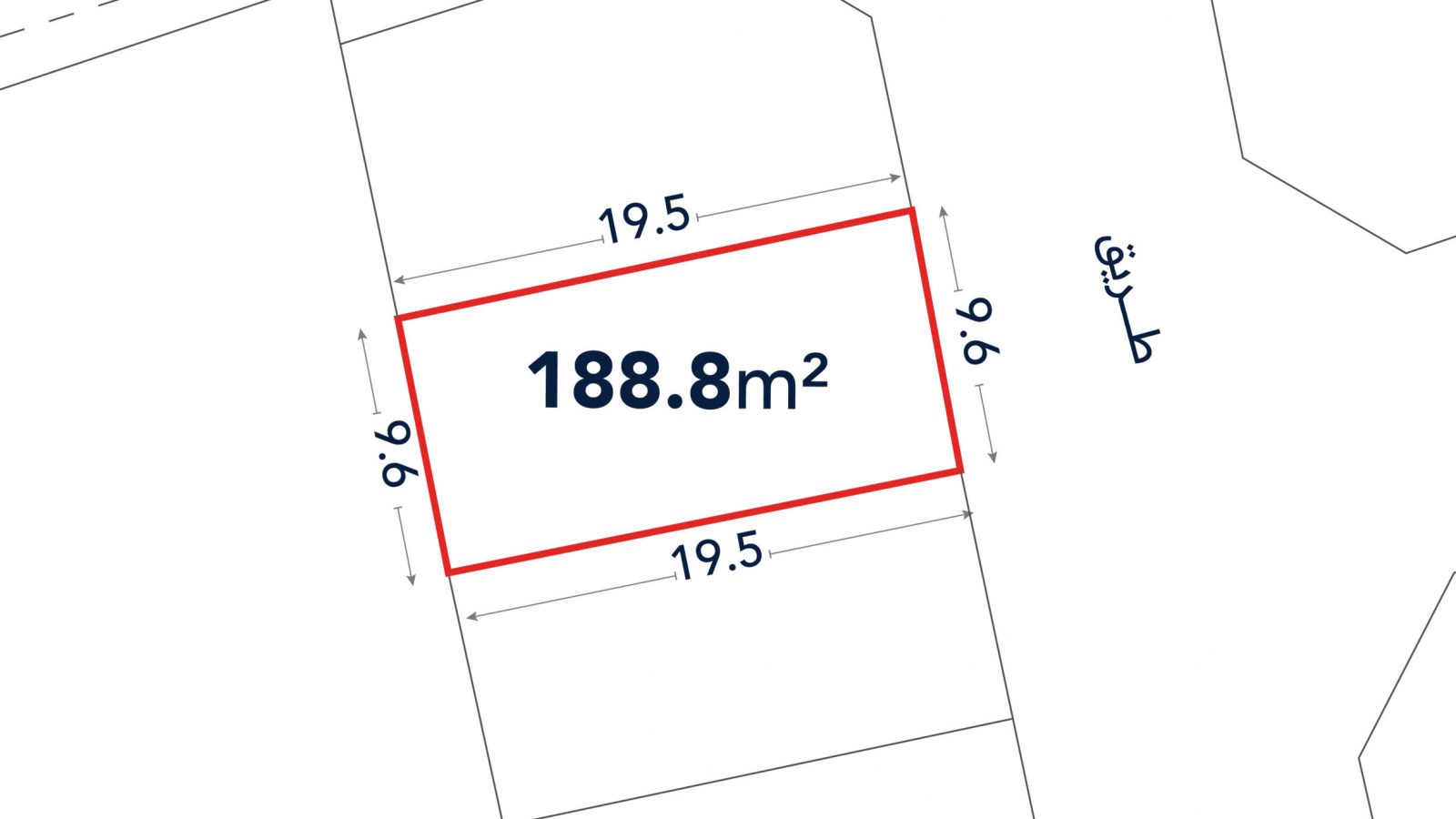 A rectangular plot of land measuring 188.8 square meters, with sides of 19.5 meters and marked angles of 96 degrees, shown on a site plan.