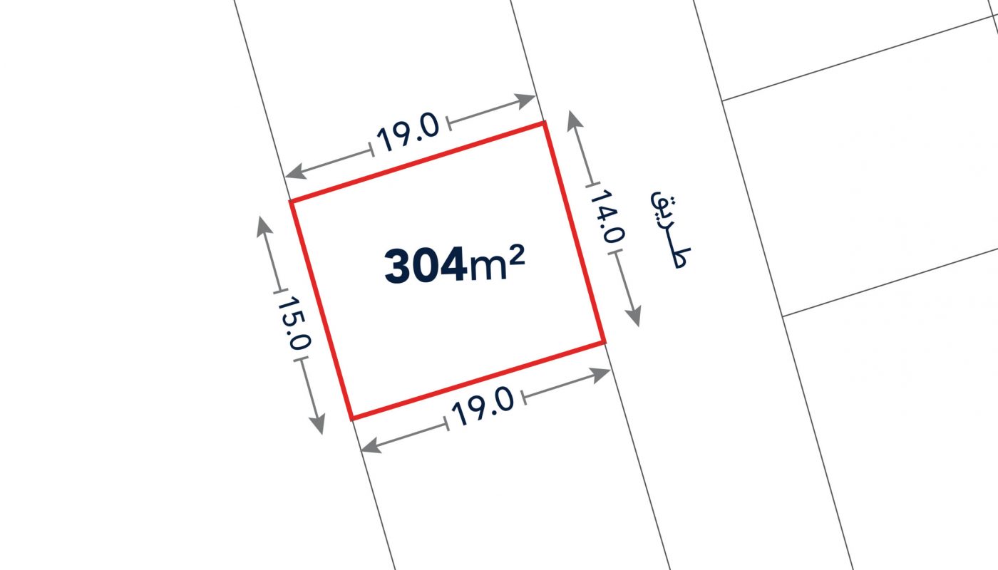 Rectangular plot outlined in red marked 304 m², with side lengths labeled 19.0 m, 15.0 m, 19.0 m, and 14.0 m; adjacent to a street on one side.