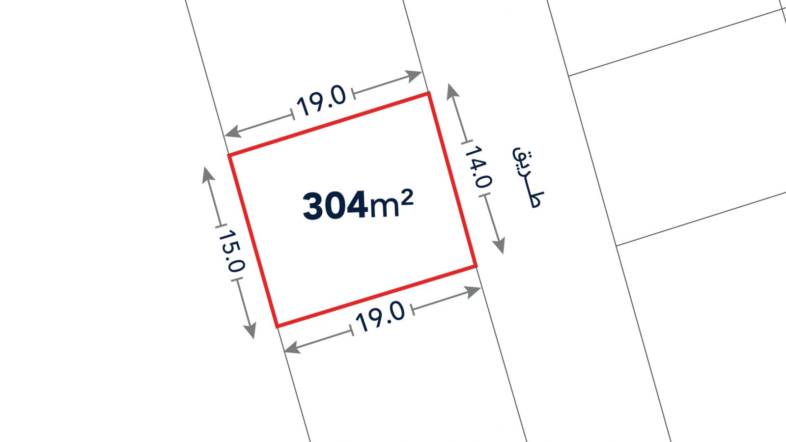 Rectangular plot outlined in red marked 304 m², with side lengths labeled 19.0 m, 15.0 m, 19.0 m, and 14.0 m; adjacent to a street on one side.