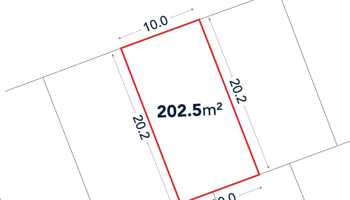 A rectangular plot measuring 202.5 square meters, 10 meters wide and 20.2 meters long, outlined in red on a site map with Arabic text labeling the road.