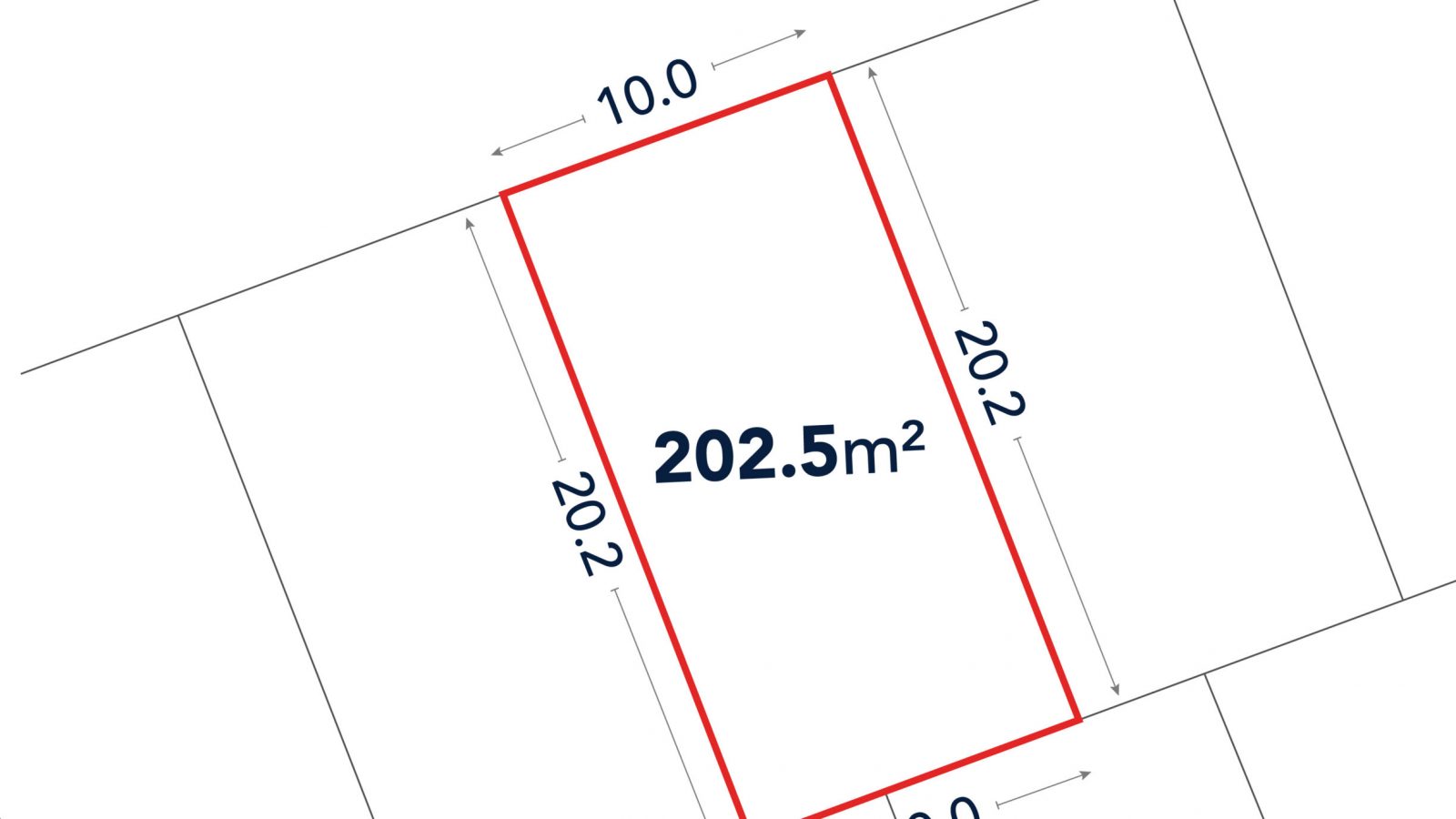 A rectangular plot measuring 202.5 square meters, 10 meters wide and 20.2 meters long, outlined in red on a site map with Arabic text labeling the road.
