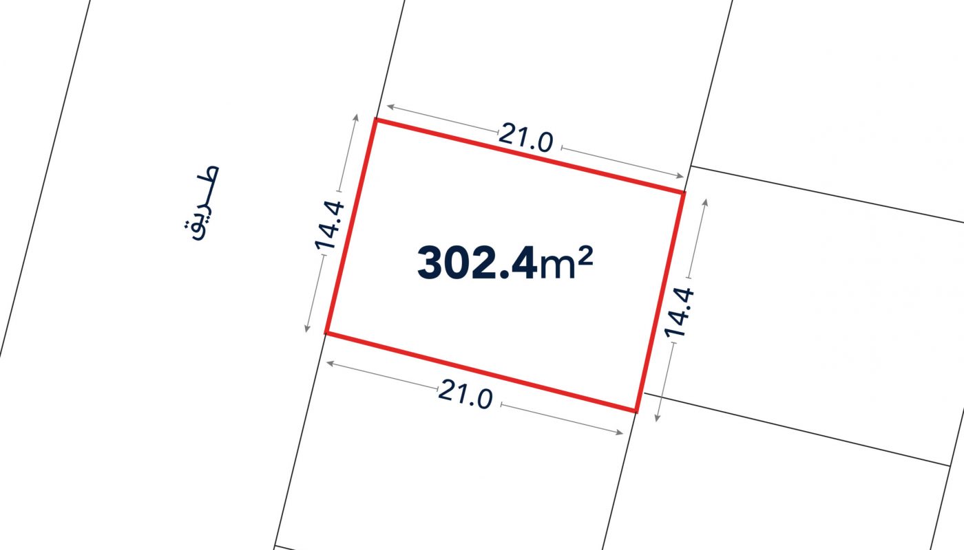 A rectangular plot outlined in red, labeled 302.4 square meters, with side lengths of 21.0 meters and 14.4 meters, adjacent to a street labeled in Arabic.
